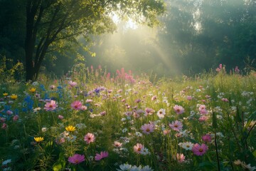 Obraz premium Vibrant wildflowers bloom in a sunlit meadow at dawn