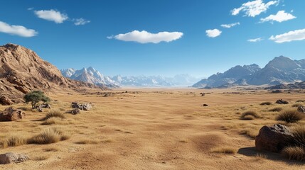 Desert Landscape with Rocks and Bushes