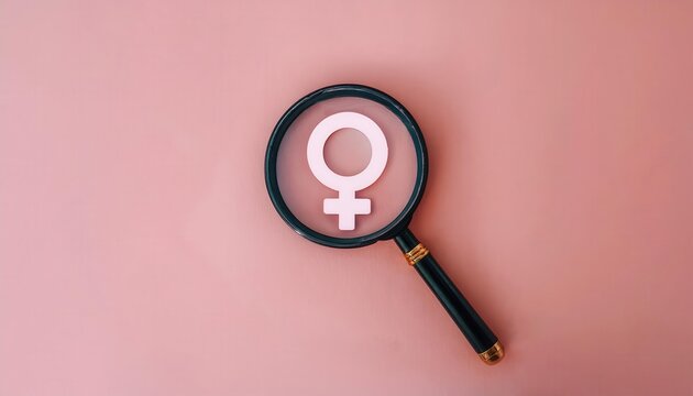 Female Gender Symbol Magnified. Exploring Feminism, Gender Identity, and Equality Concepts Through a Bold Visual Representation on a Soft Pink Background with a Magnifying Glass for Focused Analysis