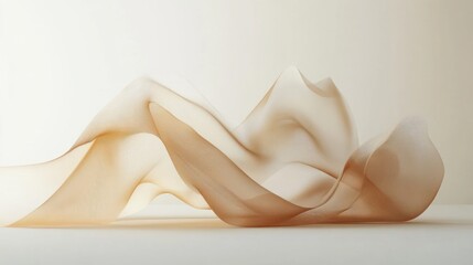 A flowing, translucent fabric-like abstract form with soft curves and warm tones.