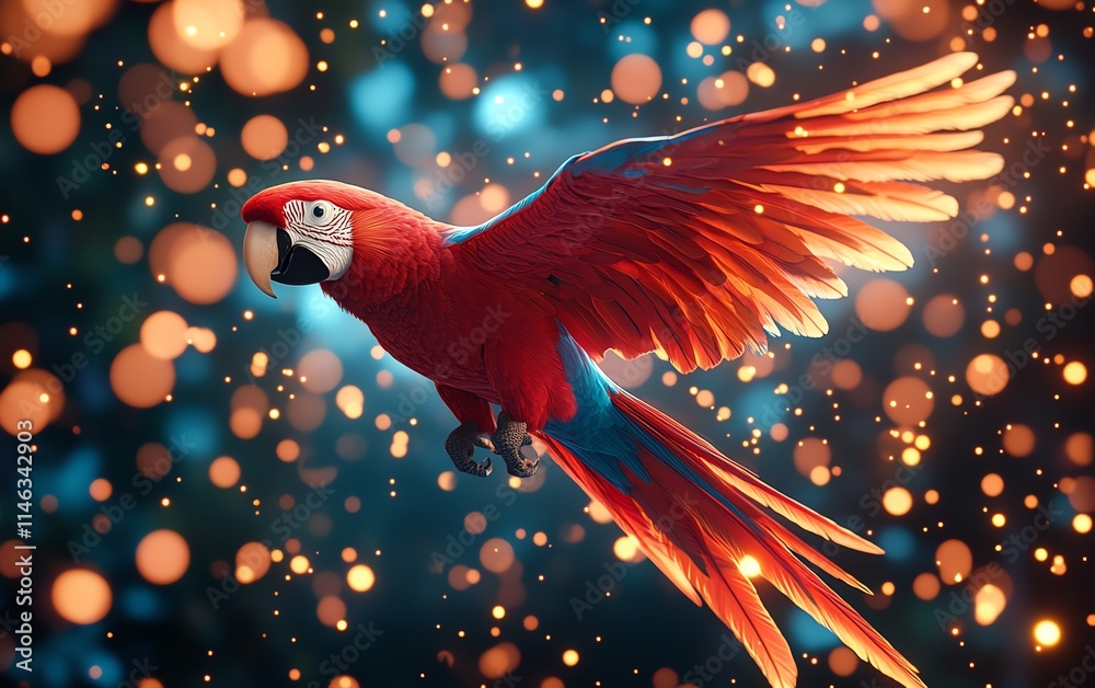 Poster a flying parrot with glowing, colorful particles surrounding it, creating an energetic and visually 