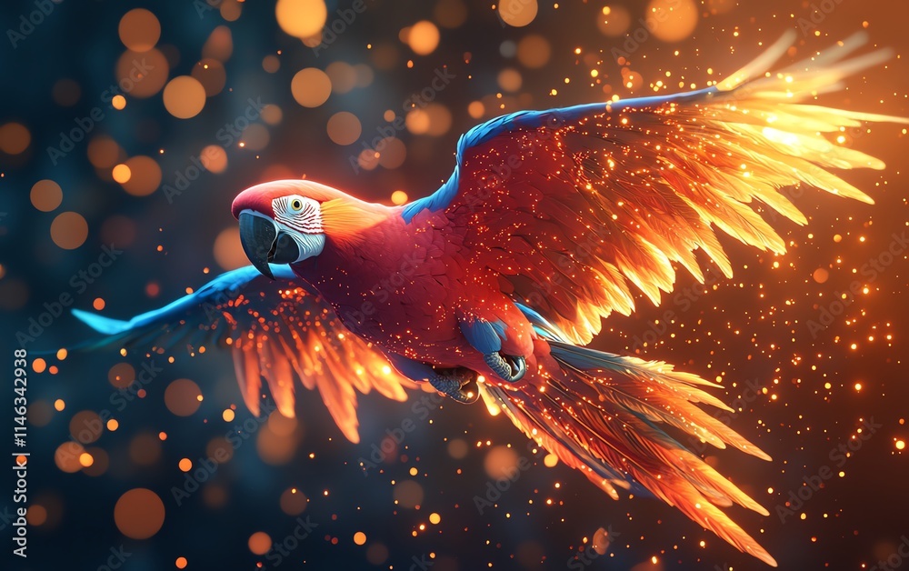 Poster a flying parrot with glowing, colorful particles surrounding it, creating an energetic and visually 