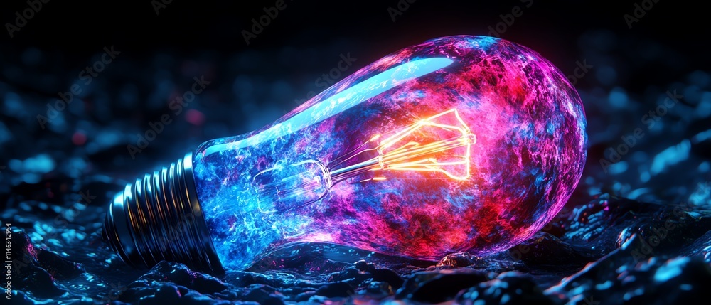 Poster a futuristic lightbulb concept with dynamic paint splashes creating its form, vibrant and glowing, a