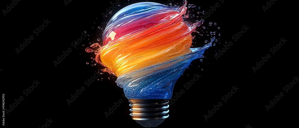 Poster A futuristic lightbulb concept with dynamic paint splashes creating its form, vibrant and glowing, AIdesigned, ultrarealistic, 8K