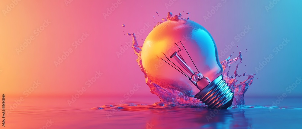 Poster a futuristic lightbulb concept with dynamic paint splashes creating its form, vibrant and glowing, a