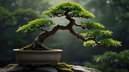 Serene bonsai tree in a stone pot, outdoors.