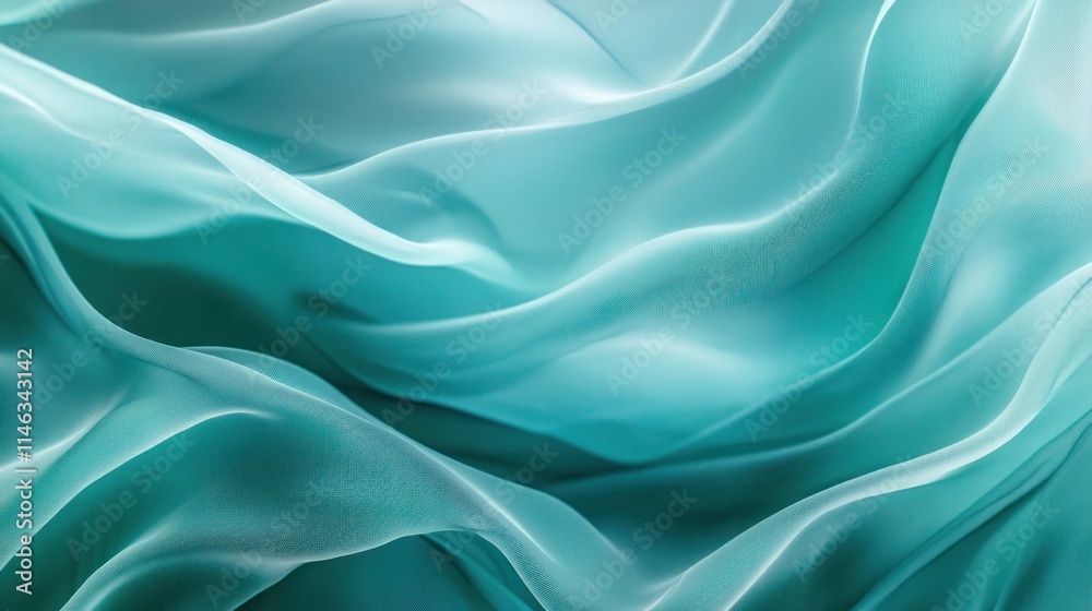 Poster a flowing abstract design featuring soft, translucent fabric in shades of teal.