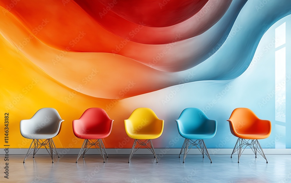 Poster a group of colorful chairs set against a vibrant, abstract wall, featuring fluid lines and dynamic c