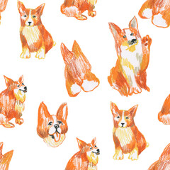 Orange corgi wax crayons seamless pattern on white isolated background. Textural and animalistic repeating pattern. Design for textiles, wrapping paper and wallpaper.