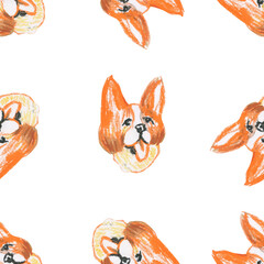 Orange corgi wax crayons seamless pattern on white isolated background. Textural and animalistic repeating pattern. Design for textiles, wrapping paper and wallpaper.