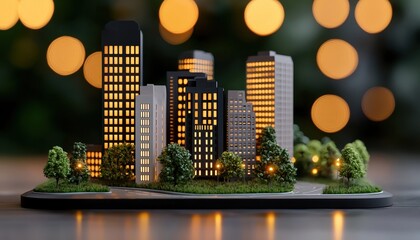 Model cityscape with illuminated buildings and blurred background lights