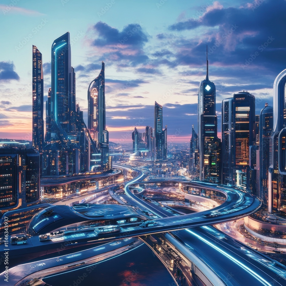 Aufkleber a futuristic cityscape with advanced architecture and transportation systems at dusk.