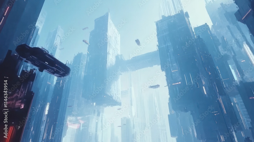 Aufkleber A futuristic cityscape with towering structures and hovering vehicles in a bright atmosphere.