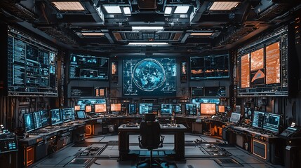 Fototapeta premium Futuristic control room with monitors displaying global data.