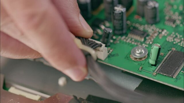 A close-up view of a technician's hand carefully connecting a black ribbon cable to a white connector on a green circuit board, surrounded by capacitors, resistors, qualified service technician