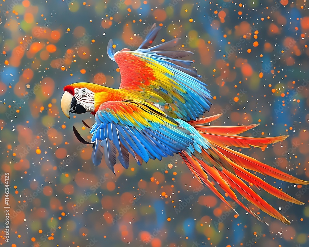 Poster a macaw in flight with radiant feathers and vibrant paint splatter effects in the background, bold c