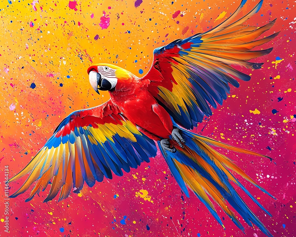 Poster a macaw in flight with radiant feathers and vibrant paint splatter effects in the background, bold c