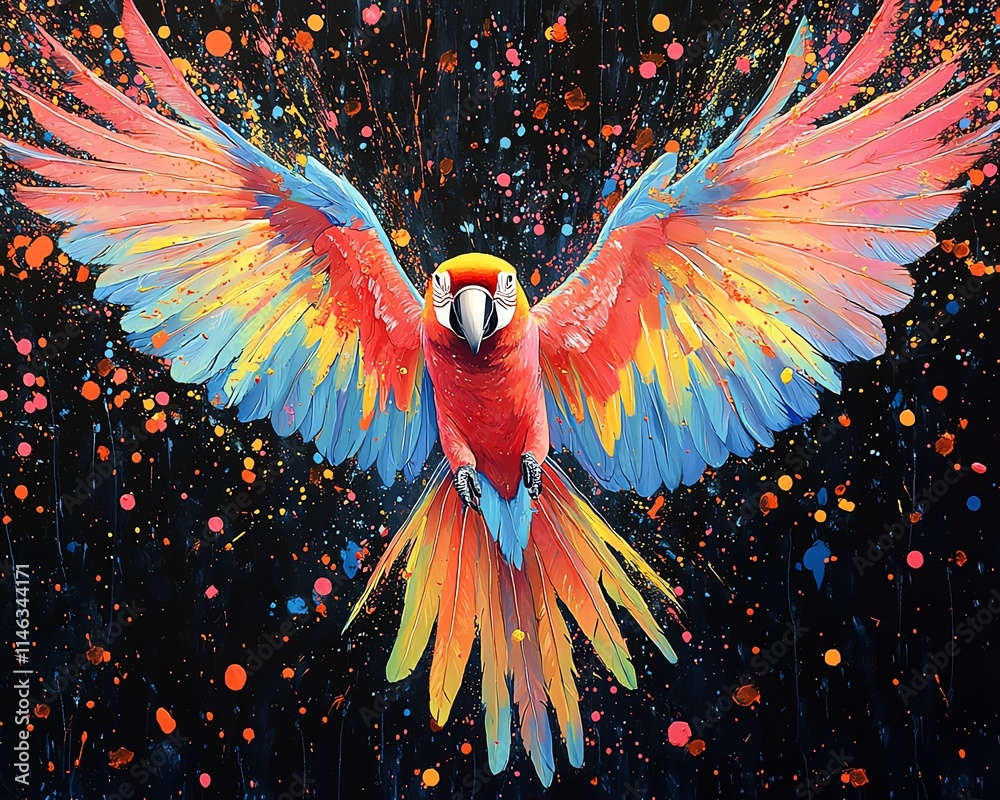 Poster a macaw in flight with radiant feathers and vibrant paint splatter effects in the background, bold c