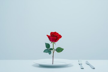 A romantic dinner celebration for Valentine's Day or a birthday, with an elegant table setting highlighted by a red rose.