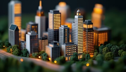 Miniature Cityscape with Illuminated Buildings and Green Surroundings
