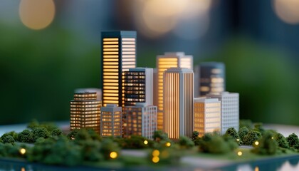 Model cityscape at dusk with illuminated buildings and greenery