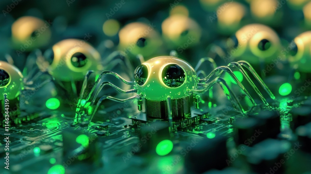 Aufkleber a futuristic scene featuring glowing robotic creatures on a circuit board.