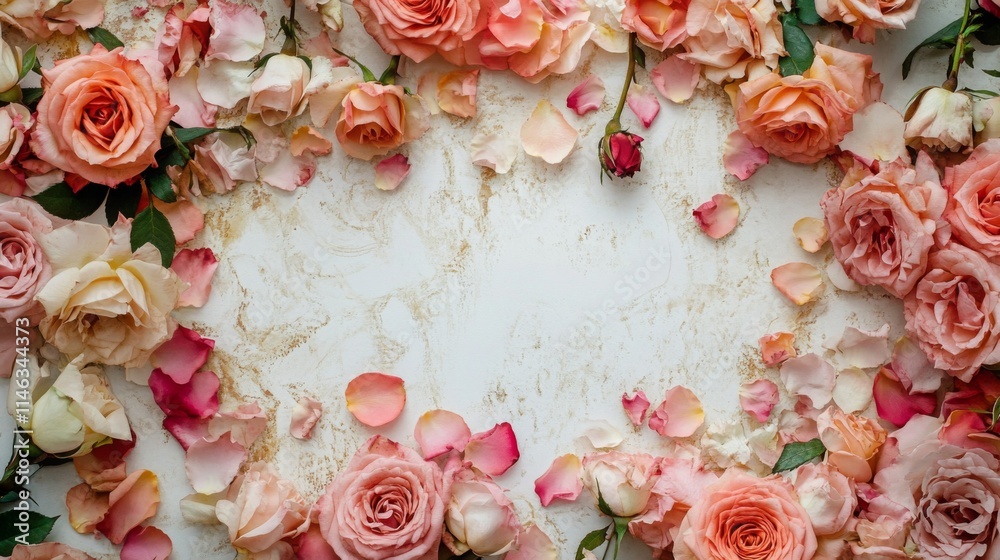 Poster a beautiful display of fresh pink and cream roses surrounds a blank space. delicate petals in variou