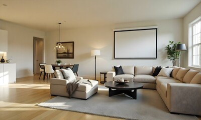 A modern and minimalist living room with a large black projection screen, a low coffee table with a round black base