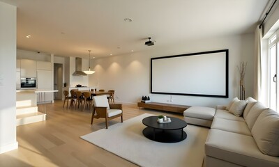 A modern and minimalist living room with a large black projection screen, a low coffee table with a round black base