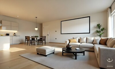 A modern and minimalist living room with a large black projection screen, a low coffee table with a round black base