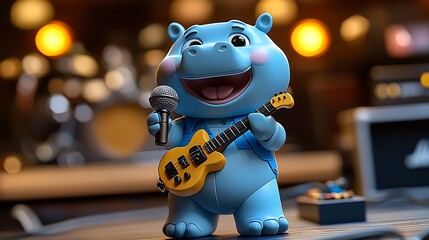 Groovy Hippo Rocker:  A charming blue hippo figurine, playfully wielding a microphone and guitar, takes center stage in a dimly lit bar setting.  A fun.