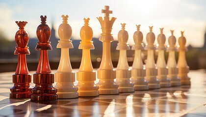 Fototapeta premium Chess in the Sun: Premium Chess Set on a Chessboard in a Sunny Day 