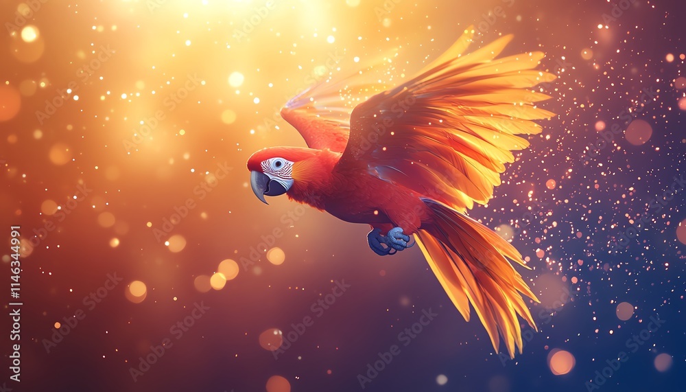 Poster a radiant parrot flying through a cloud of colorful particles, dynamic movement and vibrant energy f