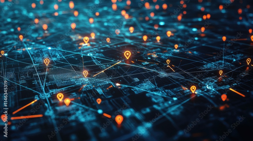 Poster abstract digital network connection with geolocation pins and bright nodes representing global data 