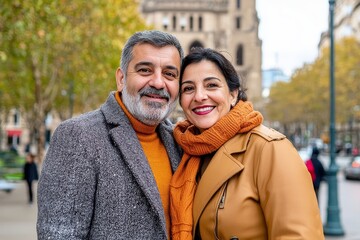 Fototapeta premium A couple in love smiles and hugs each other on a sunny afternoon.