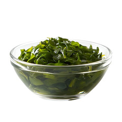 Front view of mitsuba in a small glass bowl isolated on a white transparent background