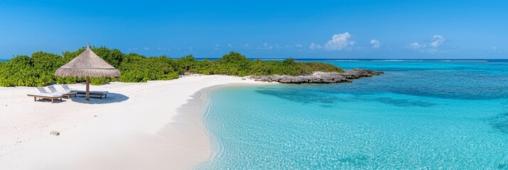 A romantic getaway notion depicting a tropical beach with a pair of sunbeds beneath a palapa and a heart-shaped cloud in the Maldives.