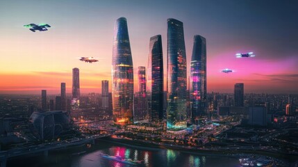 Fototapeta premium futuristic cityscape at sunset with flying drones