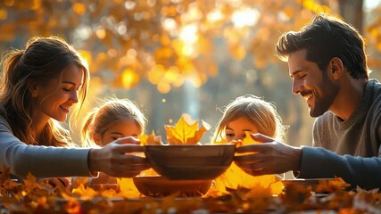 Autumn Family Gathering: A heartwarming scene of a family enjoying the beauty of autumn together, sharing a moment of togetherness and warmth.  