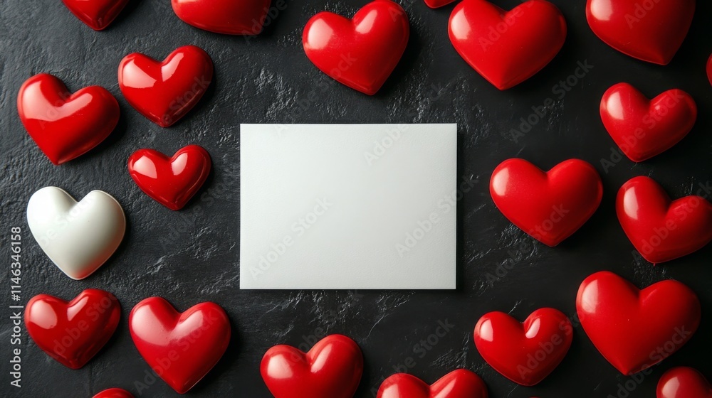 Poster red hearts are arranged around a blank card on a dark textured surface, creating a romantic and fest