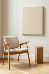 A modern and boho-inspired interior with a gray sofa, rattan armchair, wooden cube, plaid, pillows, plant, flowers, and elegant accessories. Fashionable home decor. Template.