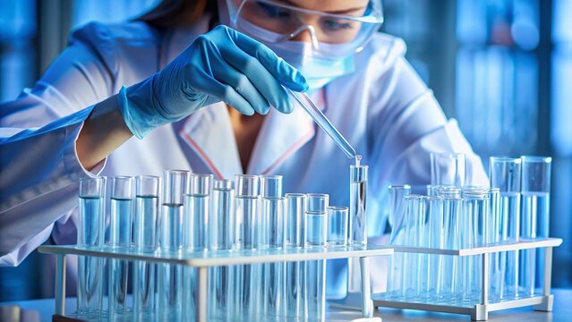 Scientist using pipette to add liquid to multiple transparent test tubes in laboratory setting
