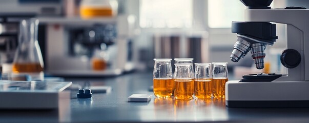 Modern microscope analyzing chemical liquid samples in laboratory