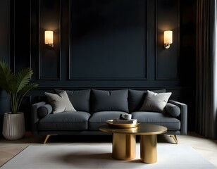 A modern living room with a dark gray sofa, a gold coffee table, and two wall sconces providing soft lighting