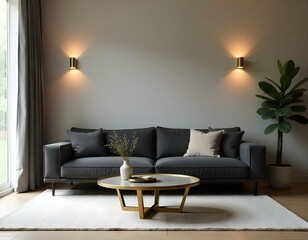 A modern living room with a dark gray sofa, a gold coffee table, and two wall sconces providing soft lighting