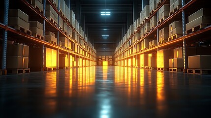 Fototapeta premium Warehouse Interior: An expansive industrial warehouse, illuminated by warm, glowing lights, showcases rows of towering shelves laden with cardboard boxes.