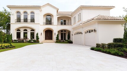 Elegant Mediterranean-style mansion with large driveway and landscaping.