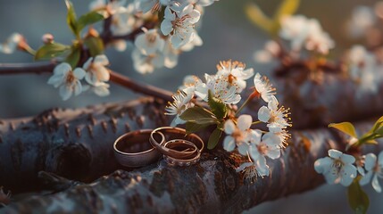 Wedding rings and fresh blossoming tree branch