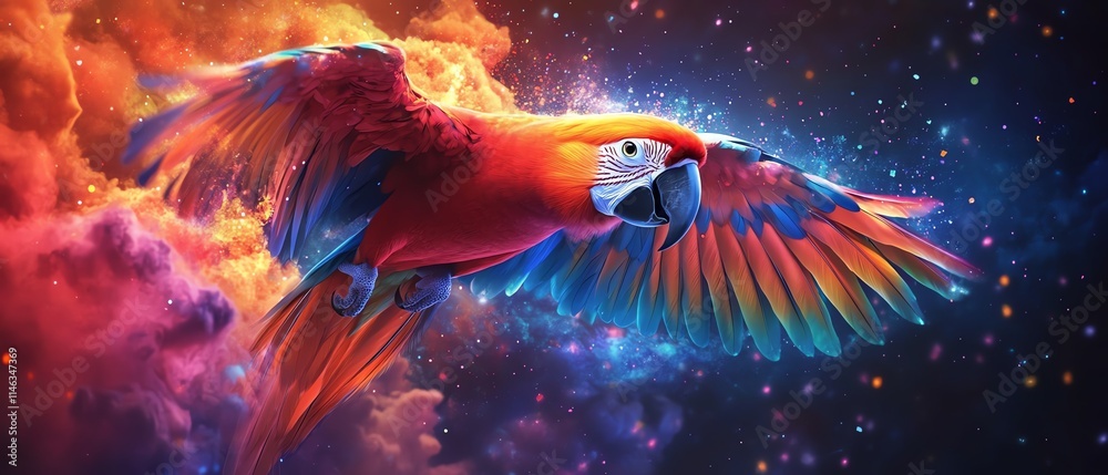 Poster A vibrant parrot soaring through a cloud of colorful particles, dynamic background with striking visual contrasts, ultradetailed, 8K
