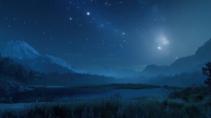 A starry sky over a serene landscape, the stars shining brightly in the clear night air